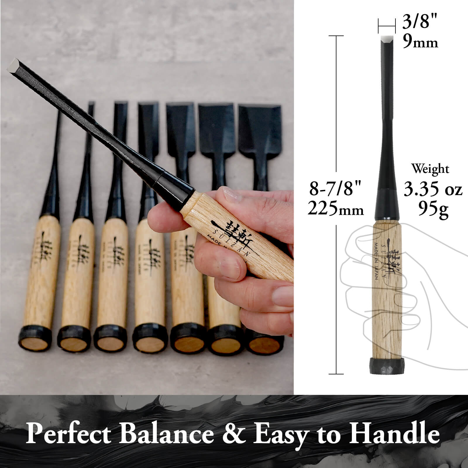 SUIZAN Japanese Wood Chisel 3/8 Inch (9mm) Professional Wood