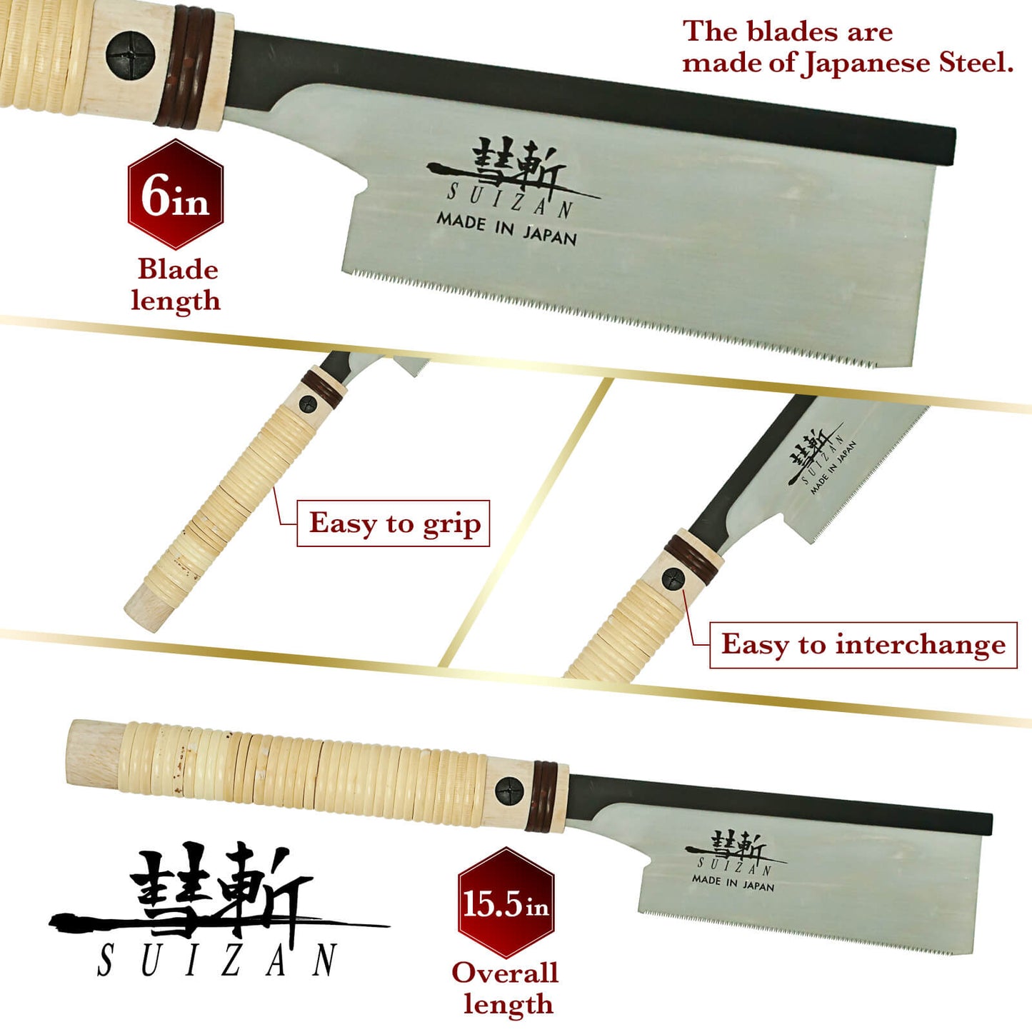 SUIZAN Japanese Hand Saw 6 Inch Dozuki Dovetail Pull Saw for Woodworking